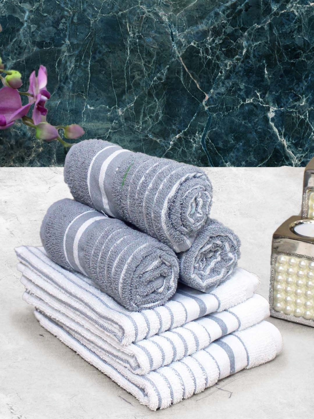 

Aura Grey & White 6 Pieces Striped Pure Cotton Super Absorbent & Quick Dry Hand Towels