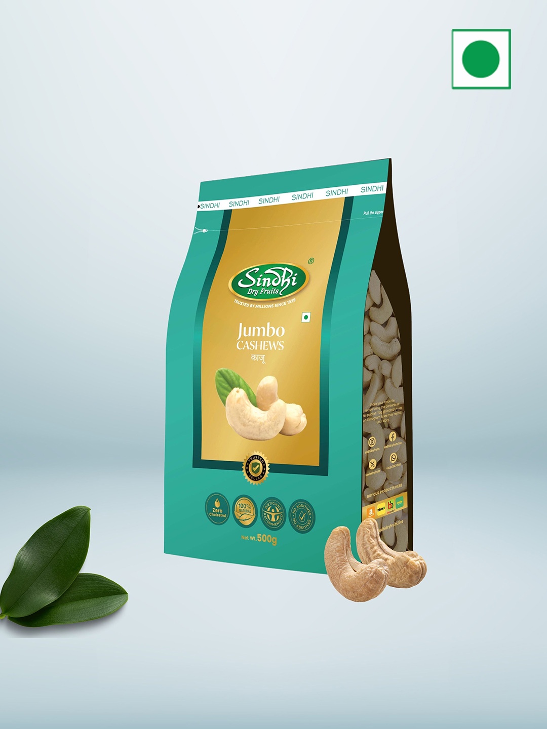 

SINDHI Dry Fruits Super Jumbo Cashews 500 g, Green