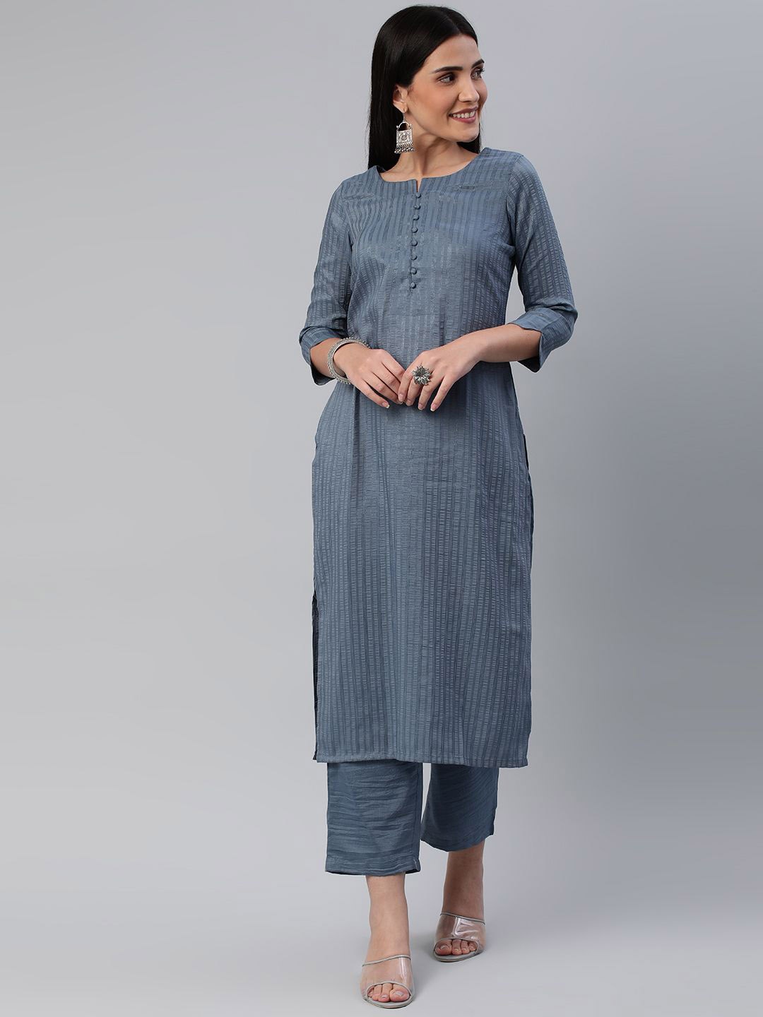 

DIVASTRI Woven Design Striped Straight Kurta With Trouser, Grey