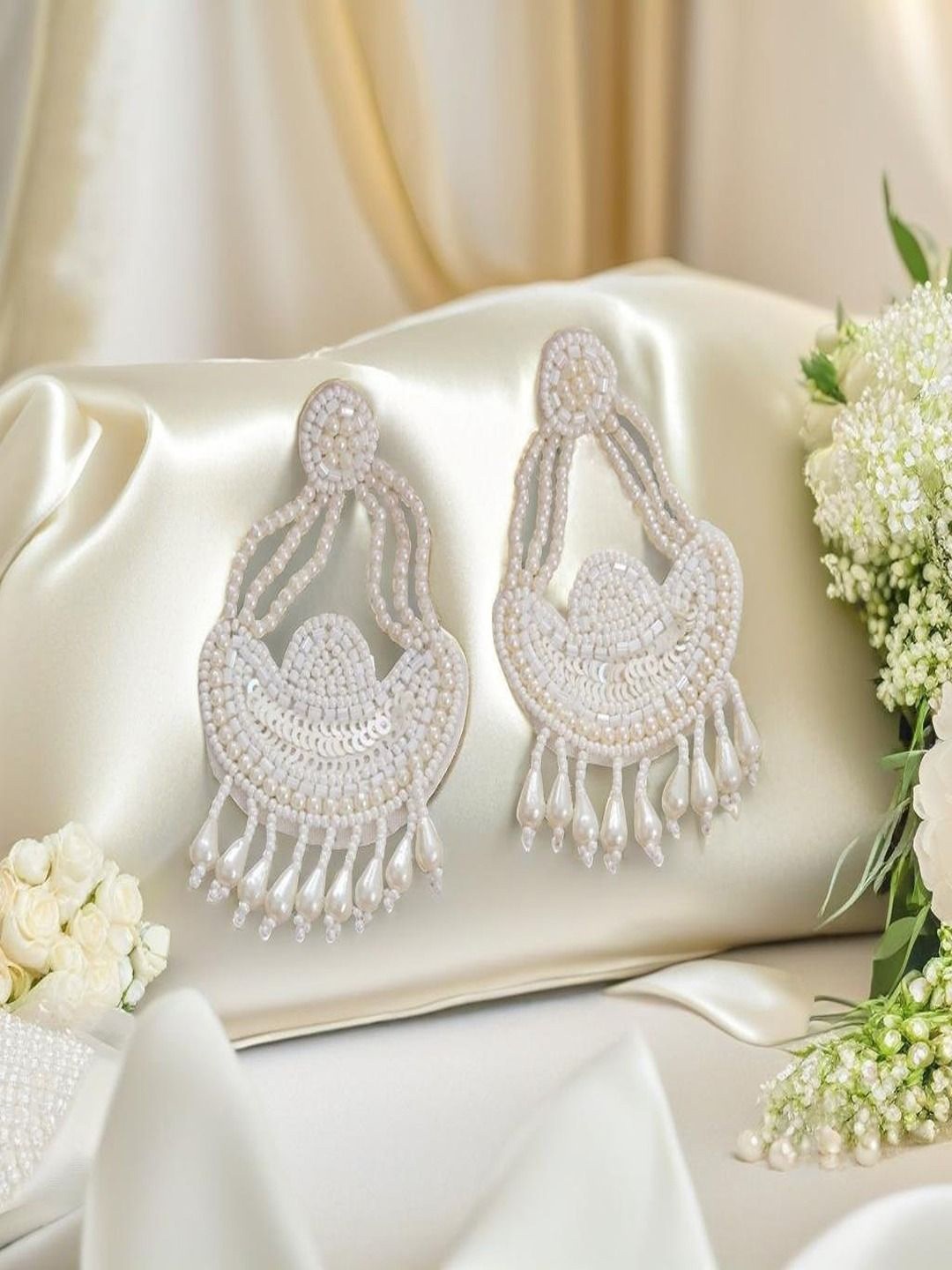 

Sangria Gold Plated Beaded Contemporary Shaped Drop Earrings, White
