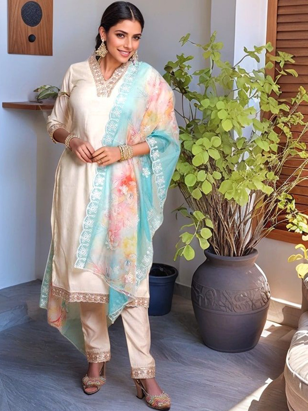 

DIVASTRI Floral Yoke Design Thread Work Chanderi Cotton Kurta With Trouser & Dupatta, White