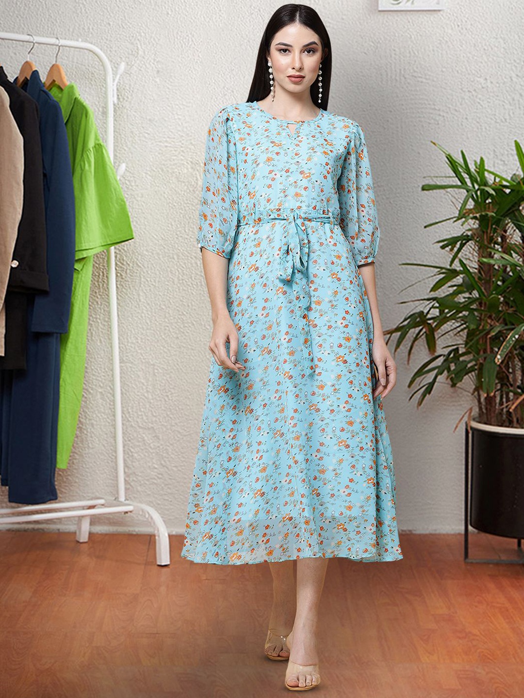 

Moda Rapido Floral Print Puff Sleeve Fit & Flare Midi Dress, Blue
