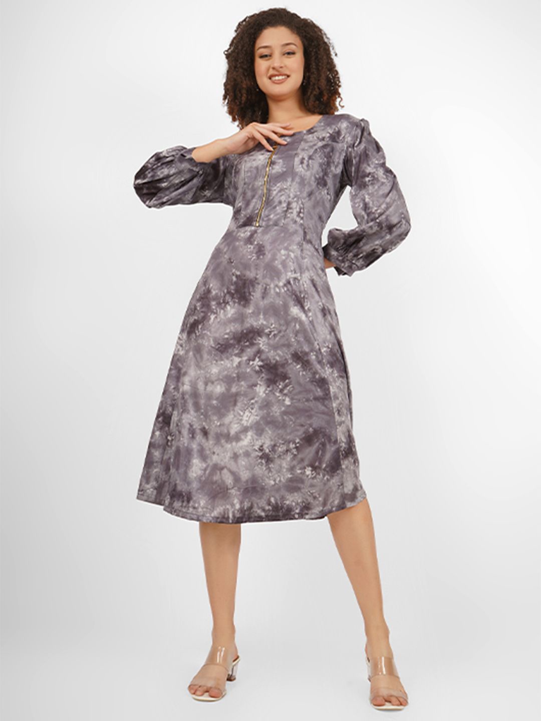 

UNLOKALE Floral Print Puff Sleeve Fit & Flare Dress, Grey