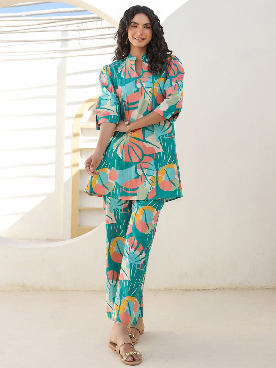 

JISORA Printed Pure Cotton Mandarin Collar Top & Trousers Co-ord Set, Blue