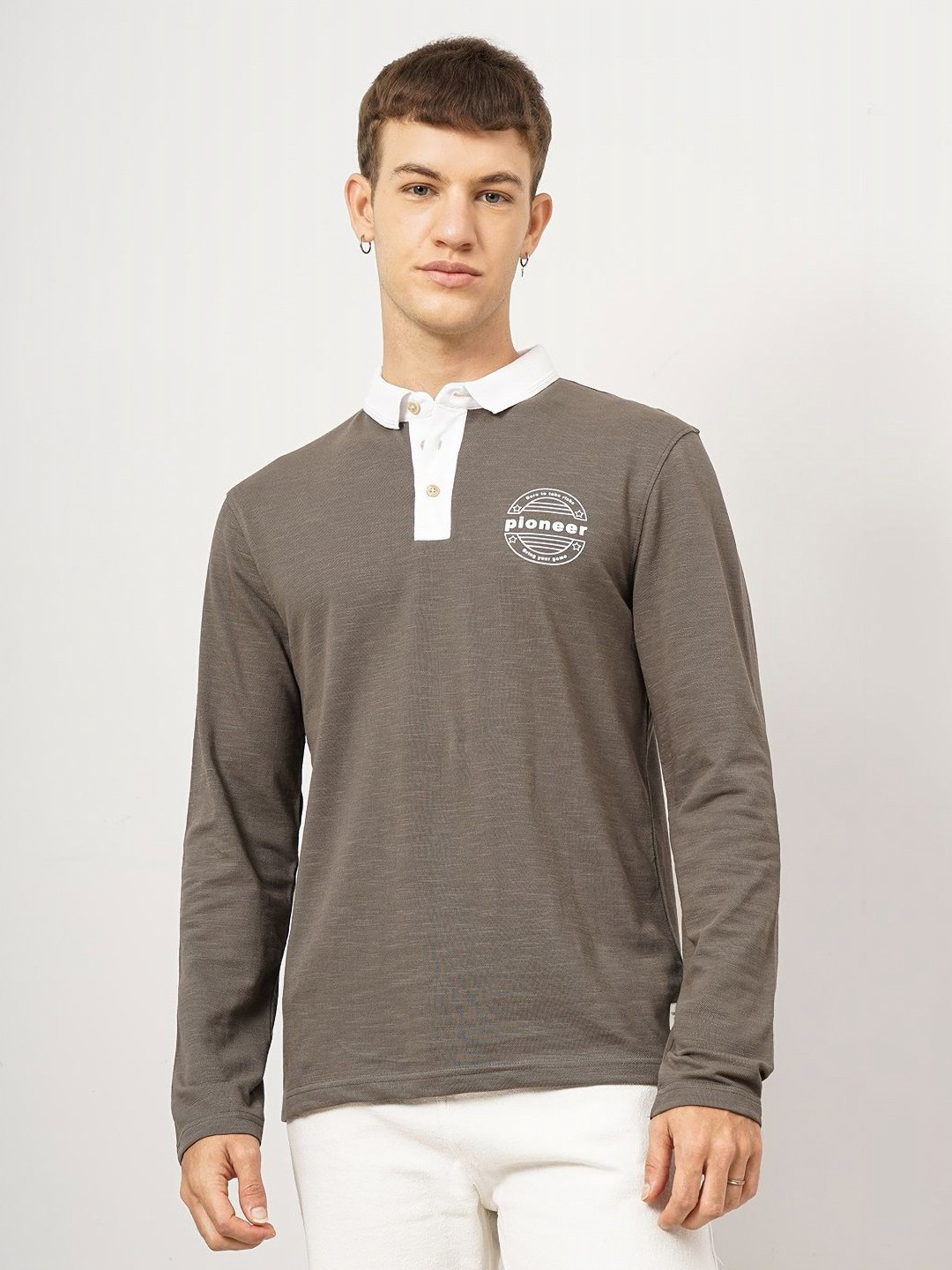 

Genoa Men Typography Printed Polo Collar Cotton T-shirt, Grey