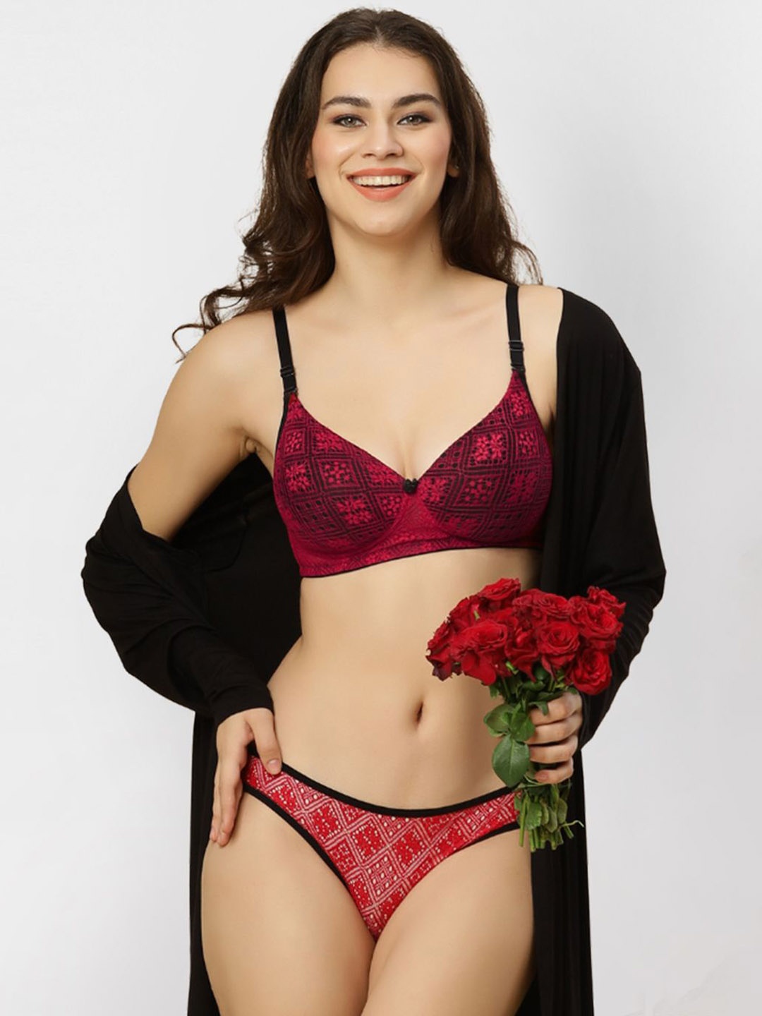 

happybra Padded Wirefree Medium Coverage Lingerie SetBridal01Red32D, Red