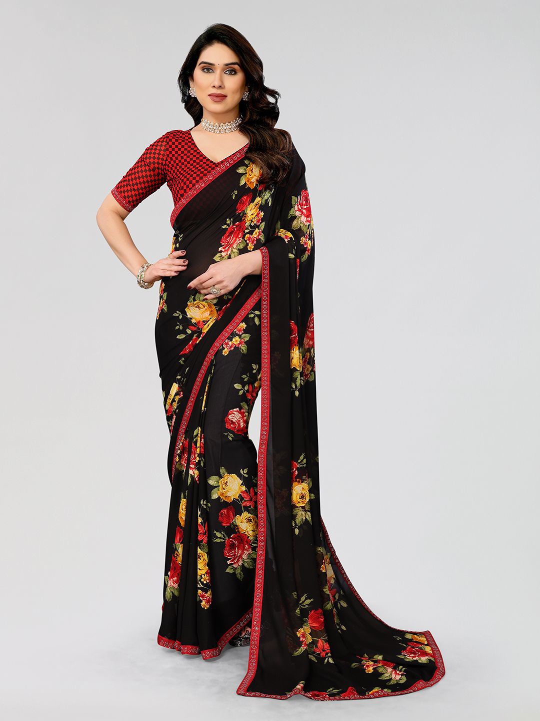 

Moda Rapido Floral Embellished Printed Saree, Black
