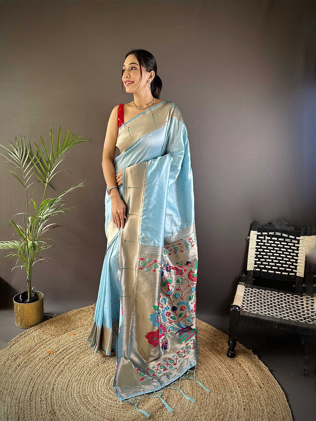 

Mitera Woven Design Zari Silk Blend Designer Paithani Saree, Blue
