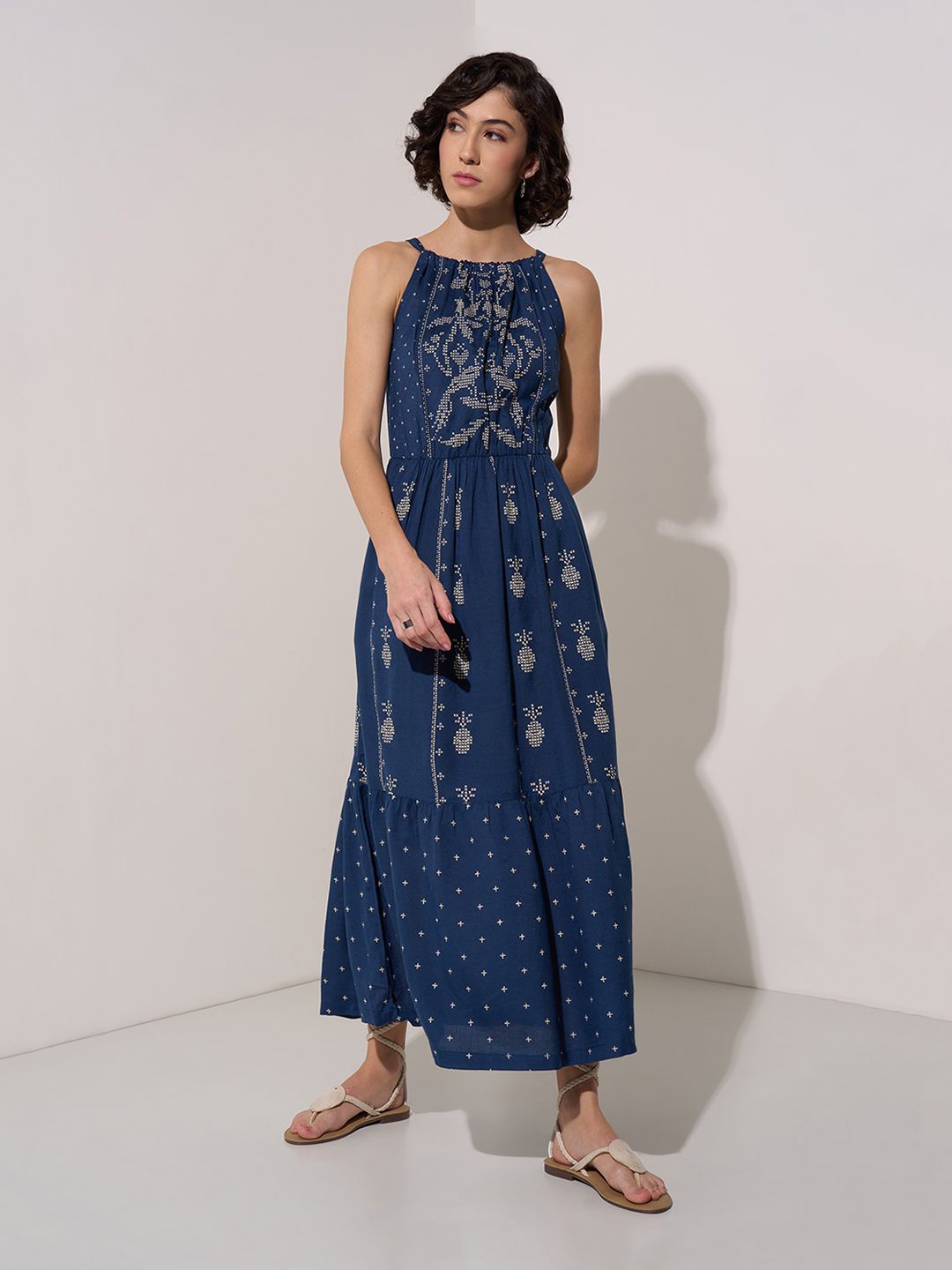 

AKKRITI BY PANTALOONS Ethnic Motifs Print Halter Neck Maxi Dress, Blue