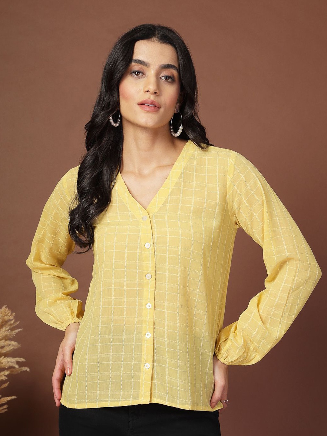 

KATLINE Women Smart Opaque Checked Formal Shirt, Yellow