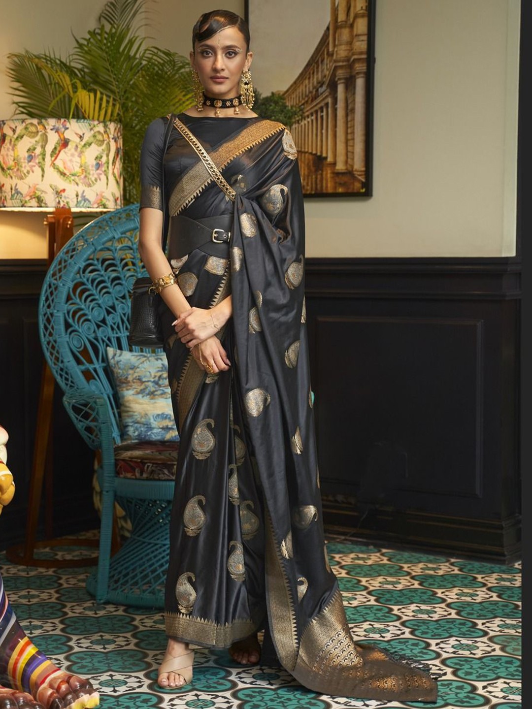 

Anouk Woven Design Zari Silk Blend Banarasi Saree, Black