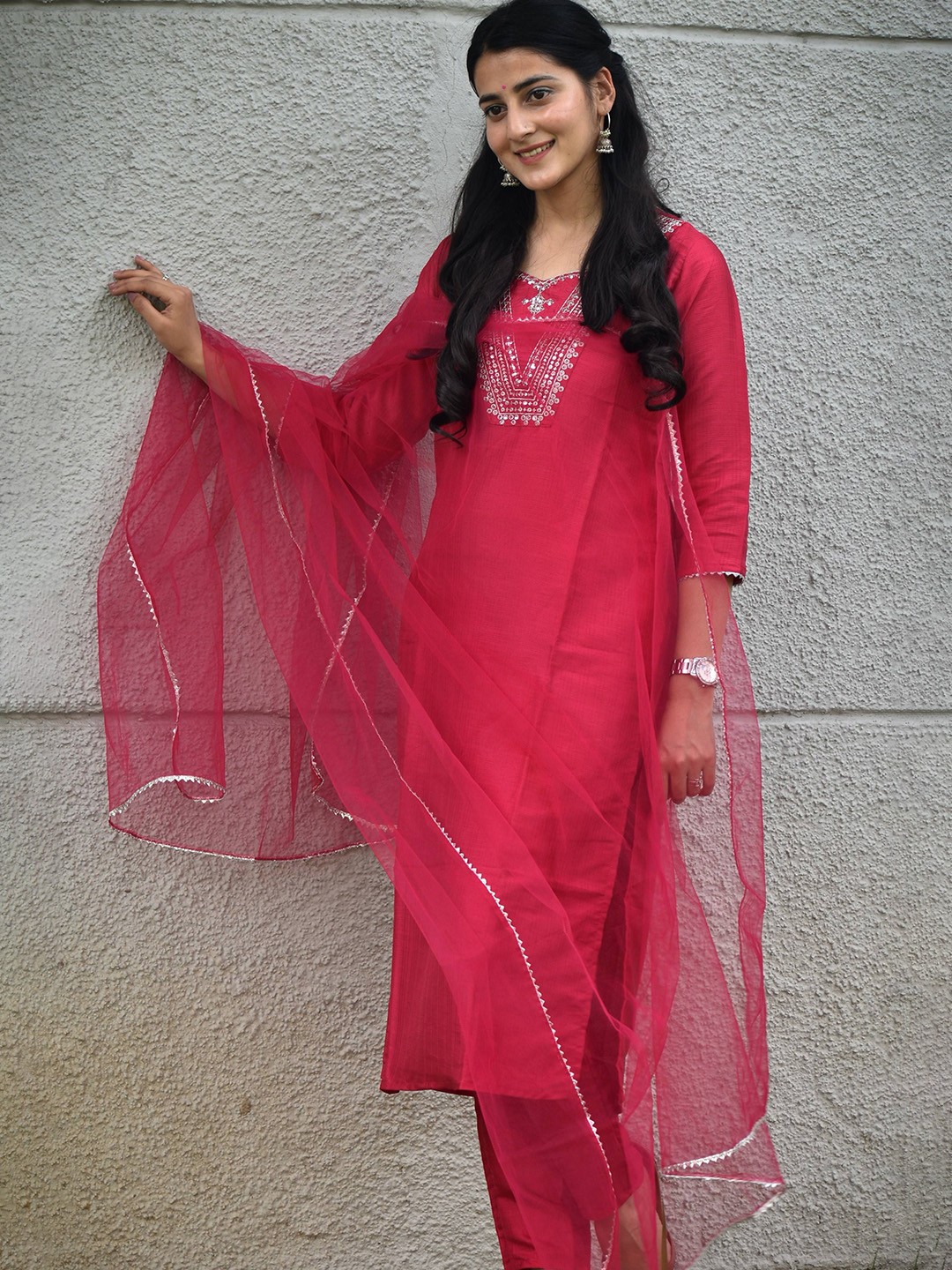 

zinzraa Ethnic Motifs Yoke Design Sweetheart Neck Straight Kurta With Trousers & Dupatta, Pink