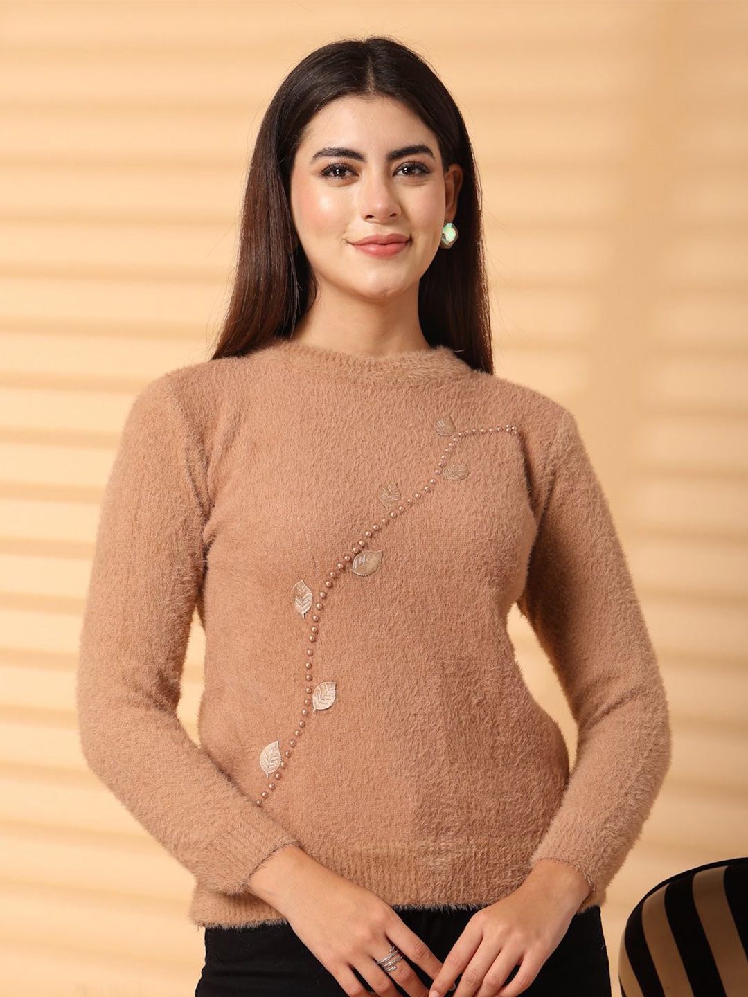 

all about you Embellished Halter Neck Woollen Top, Beige