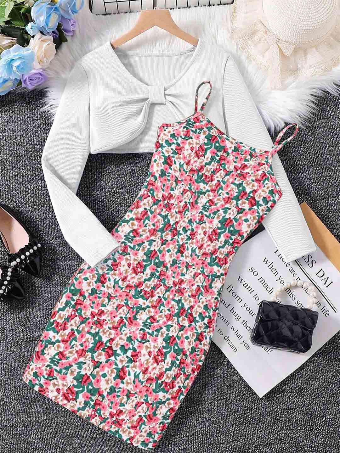 

BAESD Girls Floral Printed Bodycon Midi Dress With Top, Pink