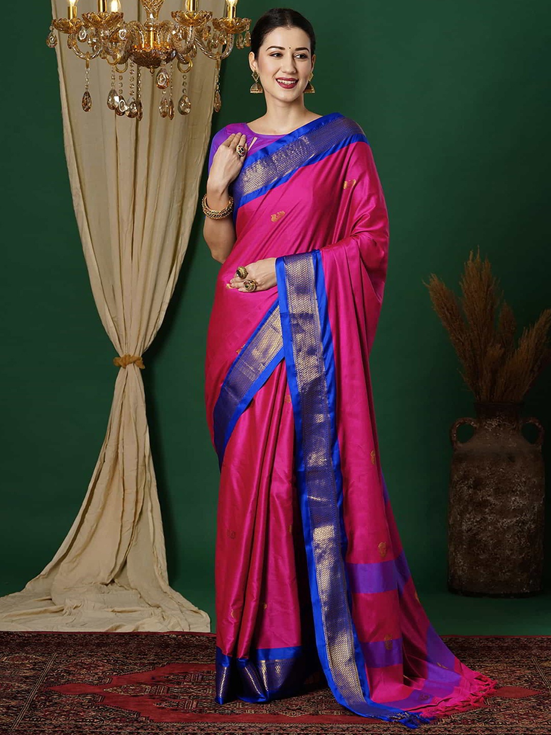 

yourwish Ethnic Motifs Zari Silk Cotton Banarasi Saree, Pink