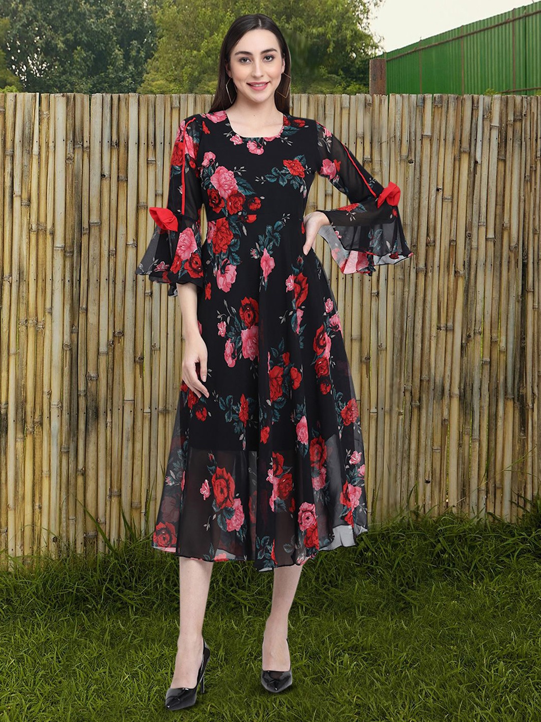 

Moda Rapido Floral Print Applique Fit & Flare Dress, Black