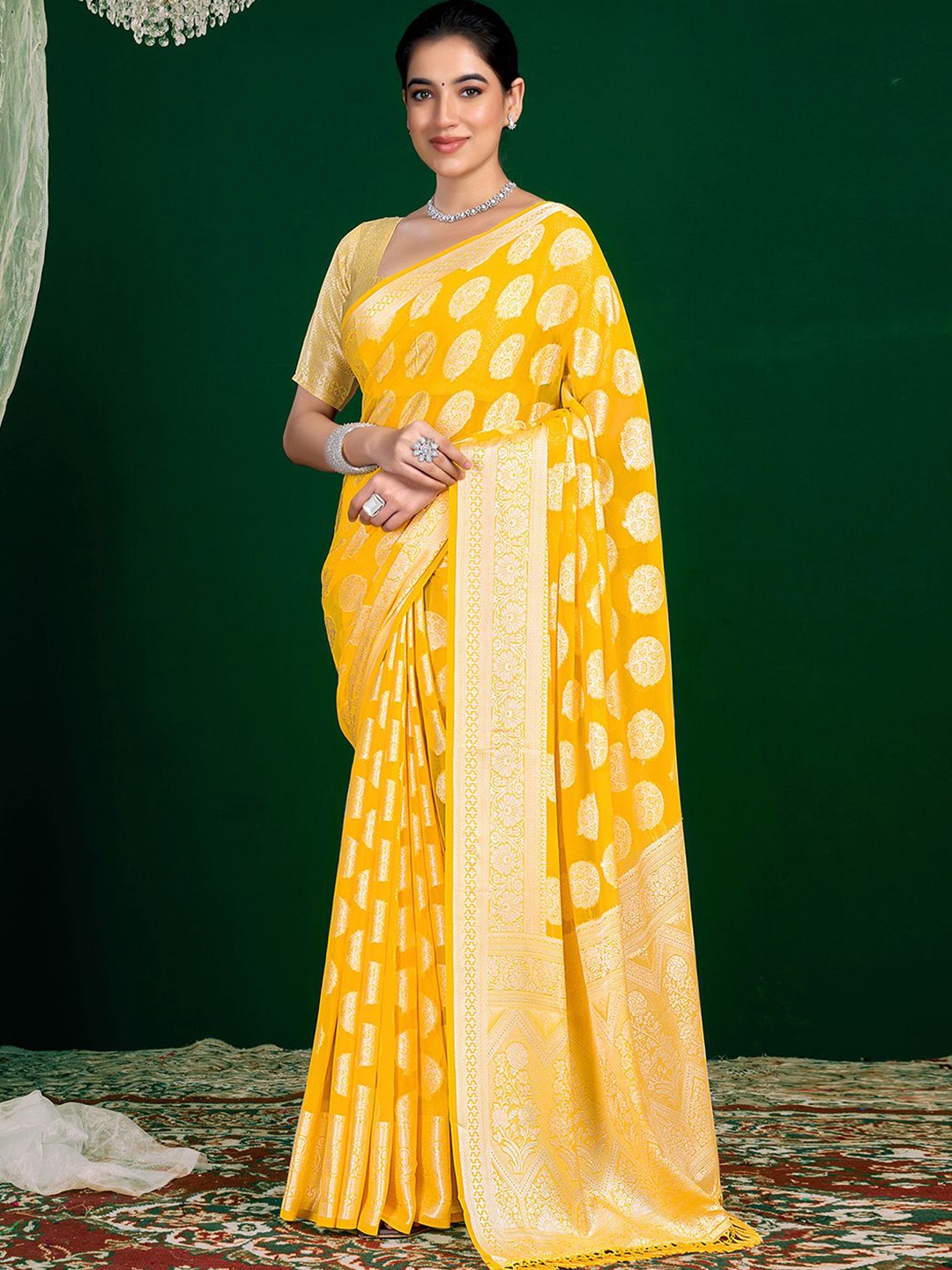 

Satrani Woven Design Zari Pure Georgette Saree, Yellow