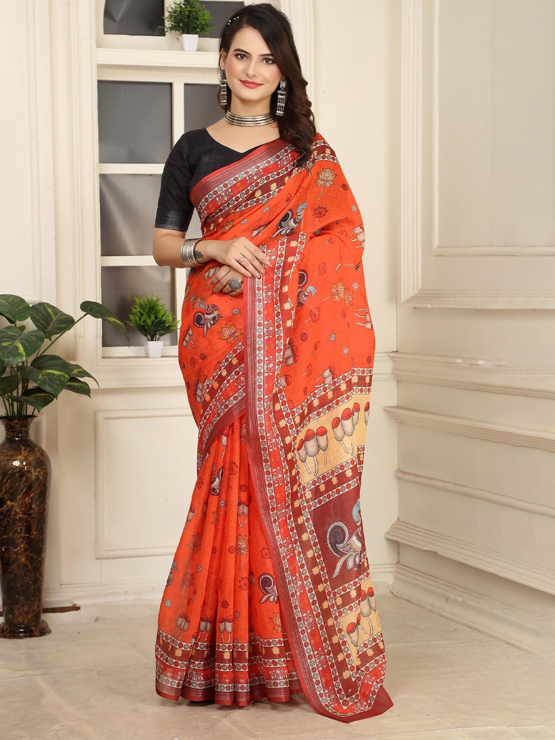 

KALINI Ethnic Motifs Zari Linen Blend Khadi Saree, Orange