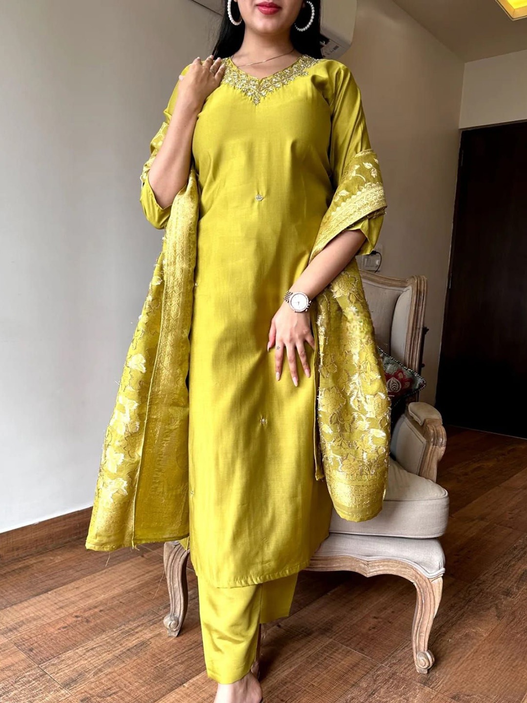 

KALINI Floral Embroidered V-Neck Straight Chanderi Silk Kurta with Trousers & Dupatta, Lime green