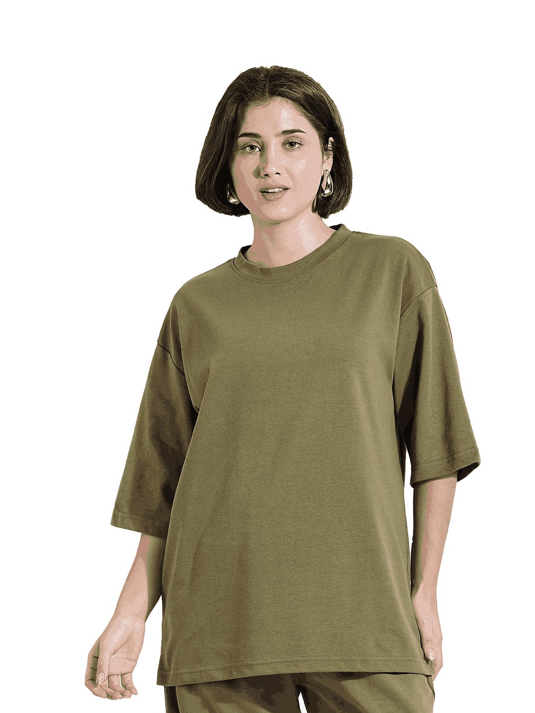 

BLUE TYGA Women Drop-Shoulder Sleeves Pockets T-shirt, Olive
