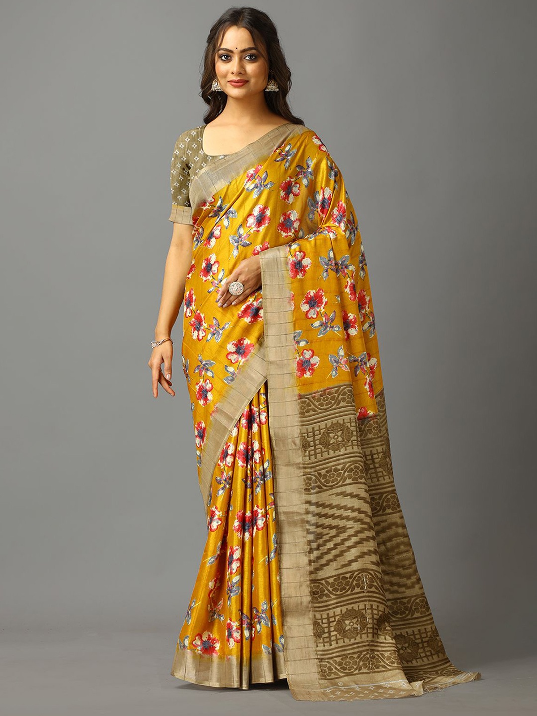 

NIRMAL CREATION Floral Printed Saree, Yellow
