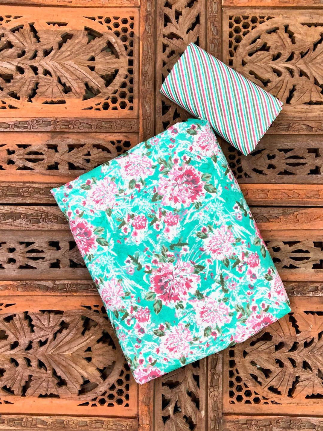 

PALASH Floral Block Printed Pure Cotton Unstitched Dress Material, Green