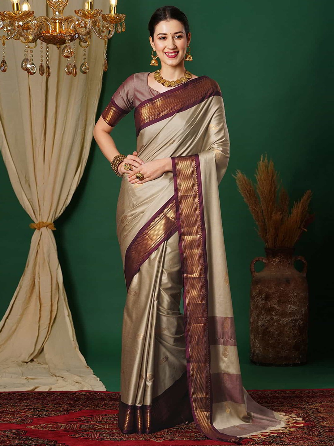 

yourwish Ethnic Motifs Zari Silk Cotton Banarasi Saree, Beige