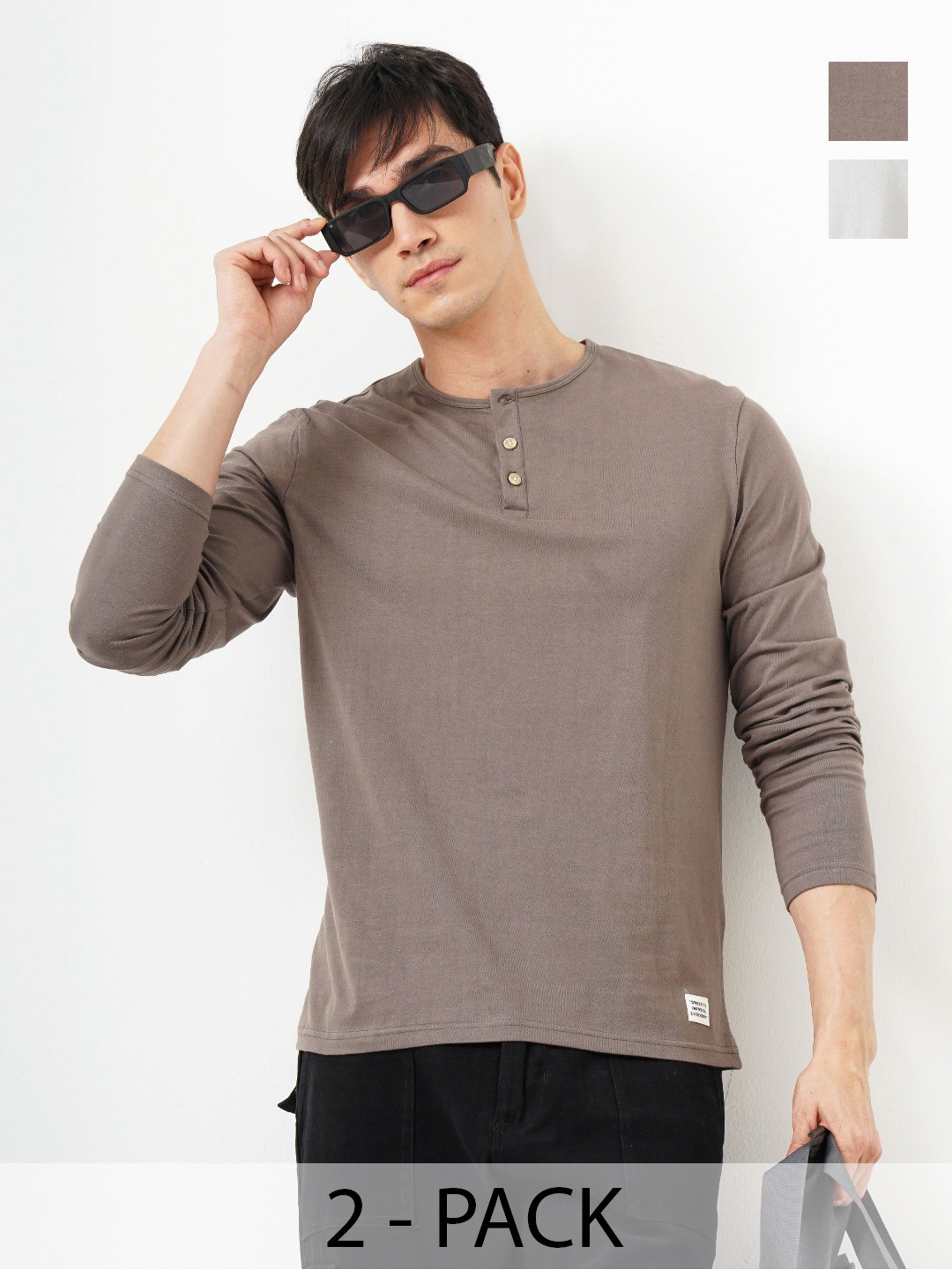 

Genoa Men Pack of 2 Solid Henley Neck Cotton T-shirts, Off white