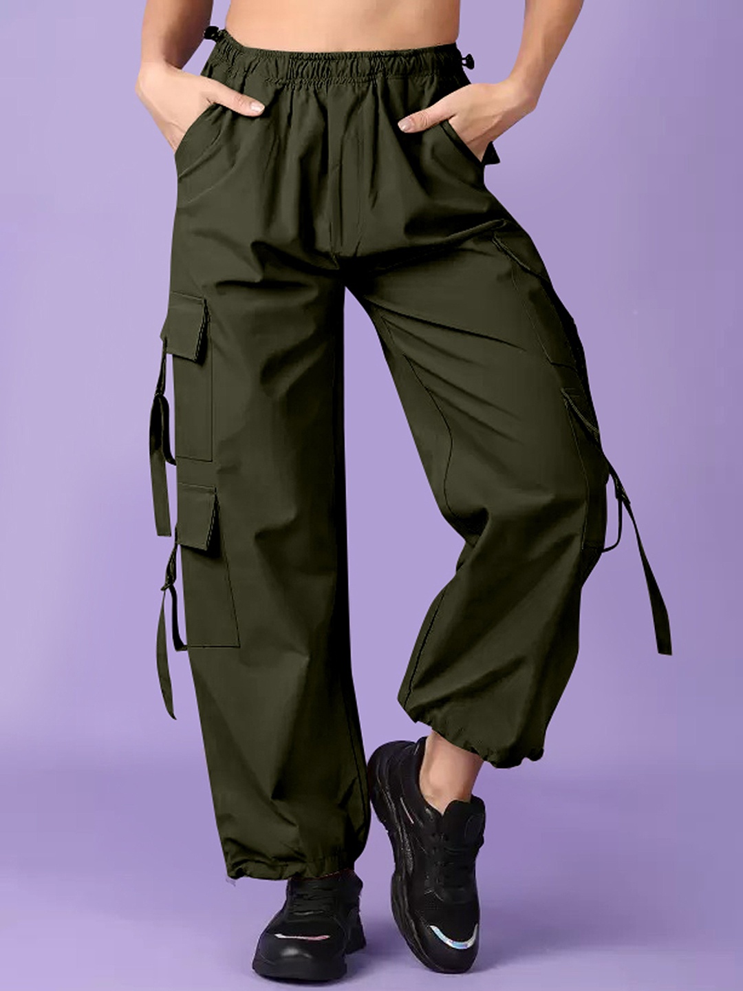 

Fashion2wear Women Comfort Loose Fit High-Rise Wrinkle Free Pleated Cargos Trousers, Olive