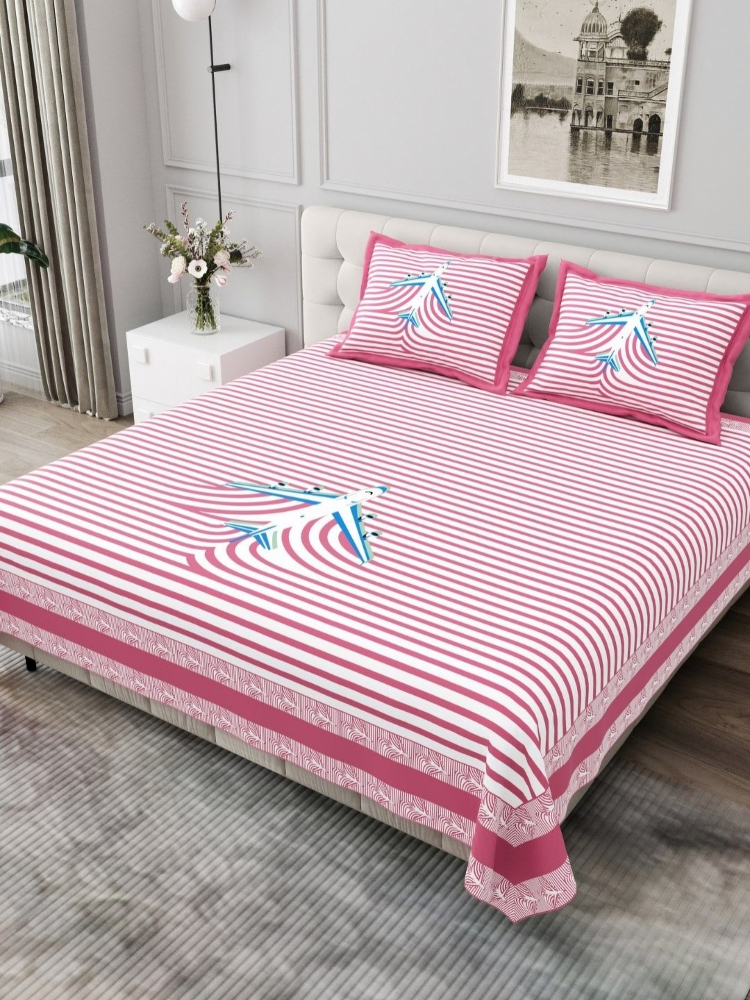 

JAIPUR FABRIC Pink & White Striped Cotton 254 TC King Bedsheet Set 2.74m x 2.28m