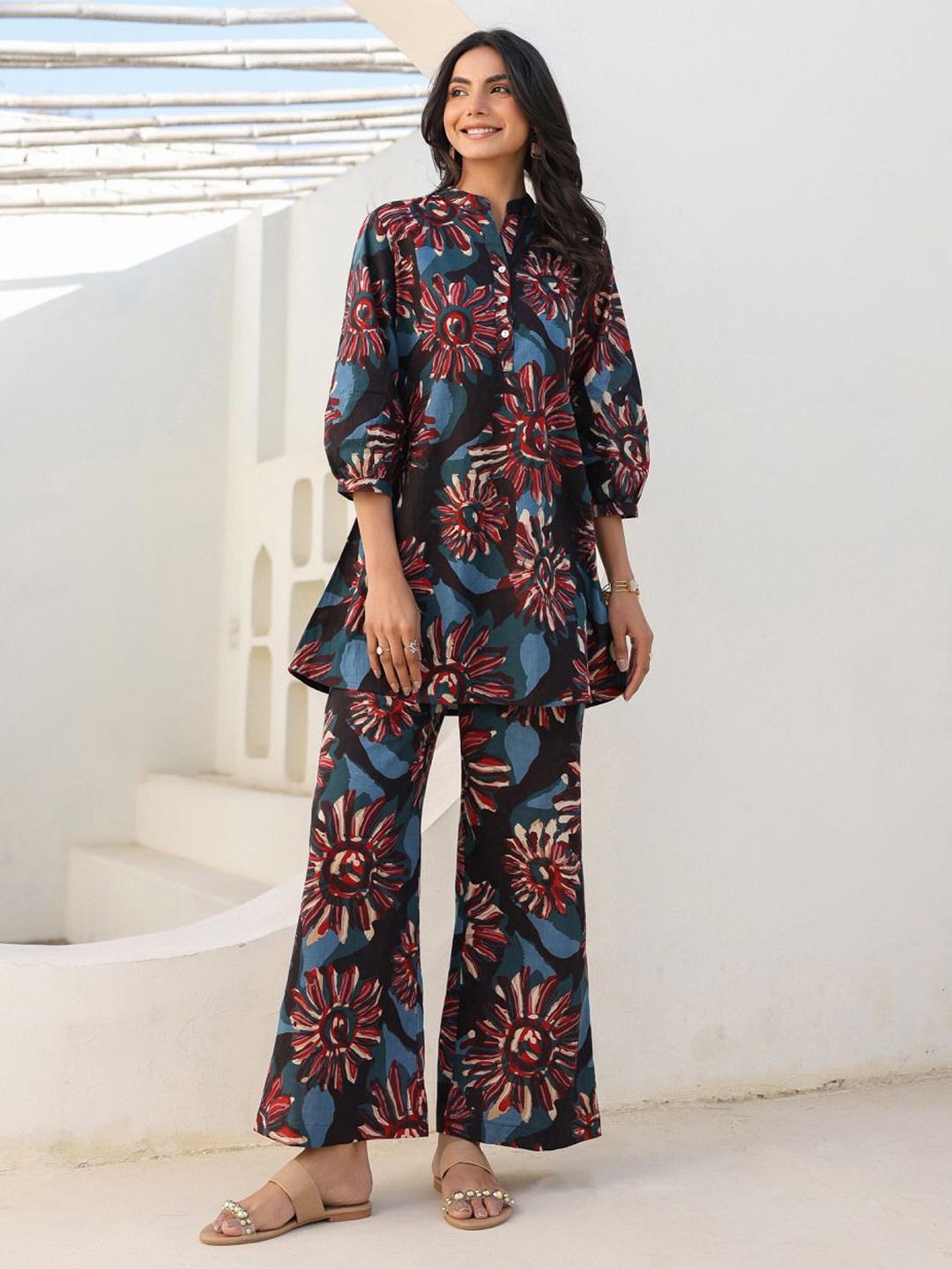 

JISORA Black Floral Printed Mandarin Collar Pure Cotton Tunic & Trousers