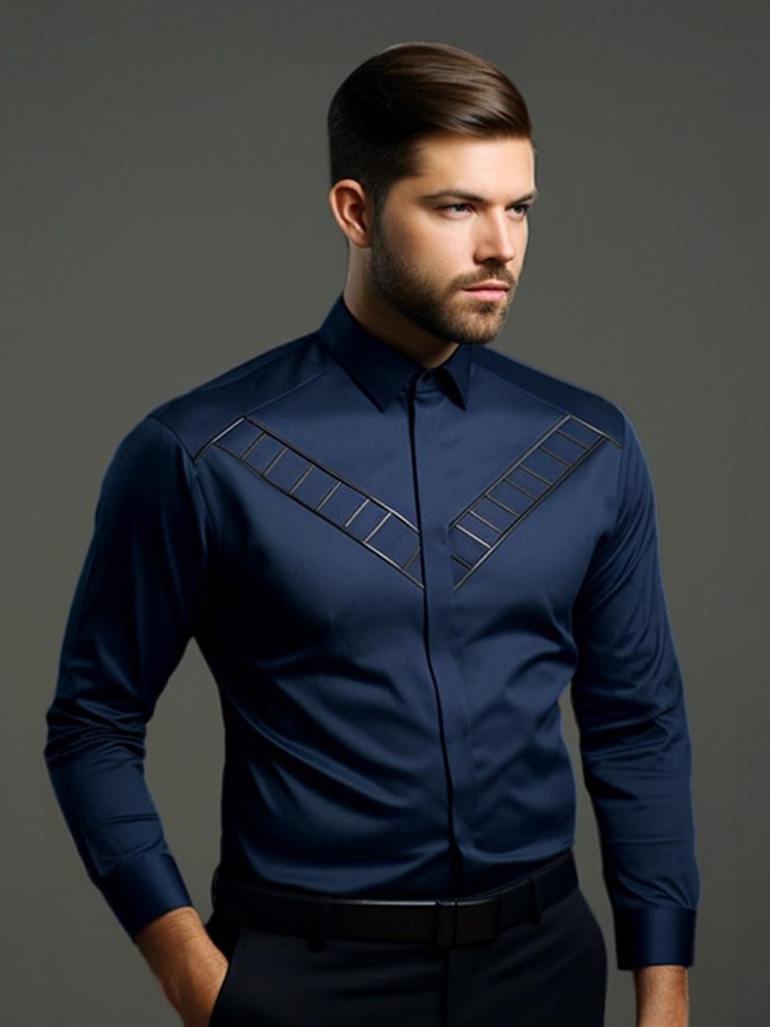 

HE SPOKE Men Smart Tailored Fit Opaque Party Shirt, Navy blue