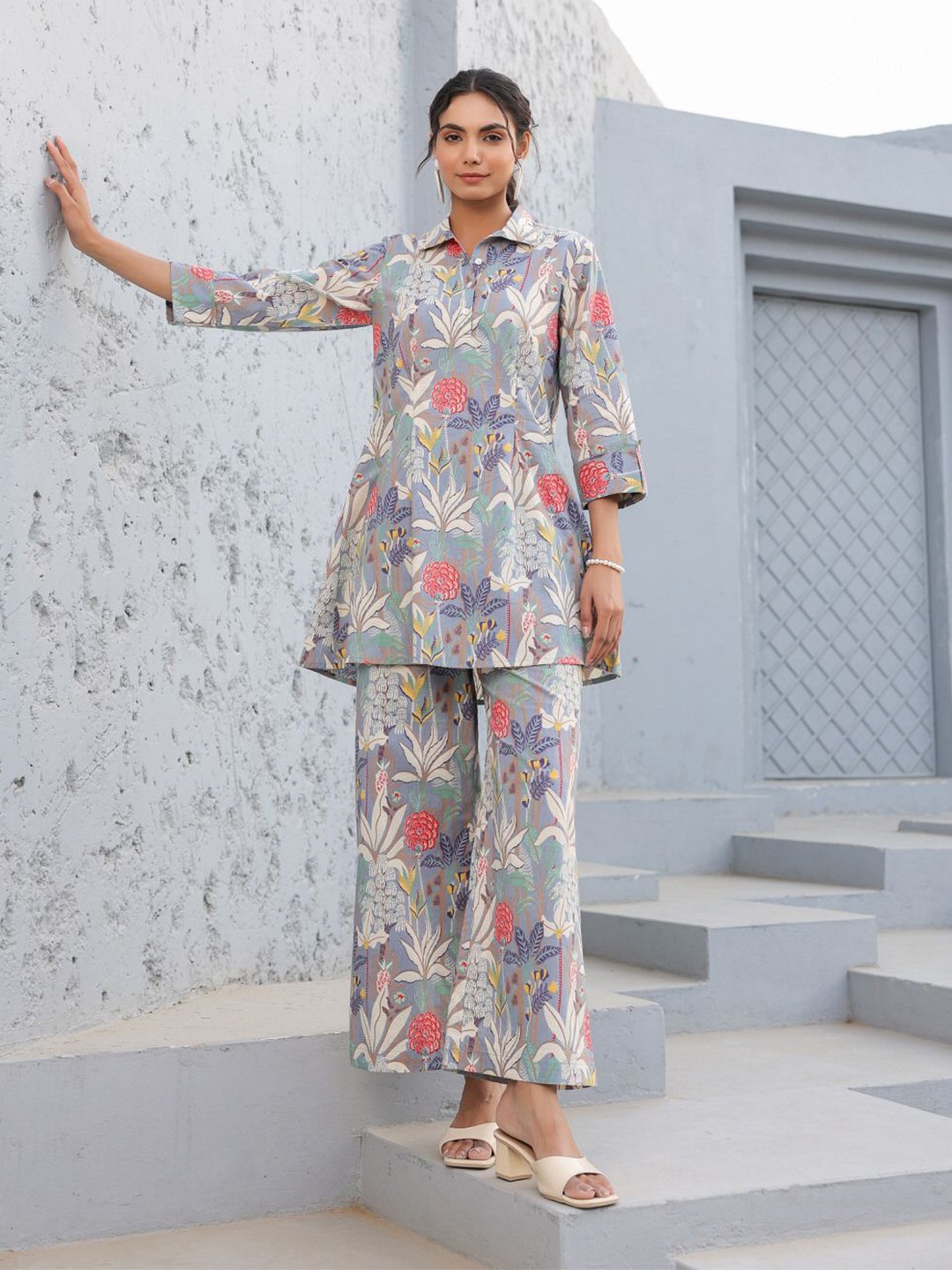 

JISORA Printed Pure Cotton Top & Trouser Co-ord Set, Grey