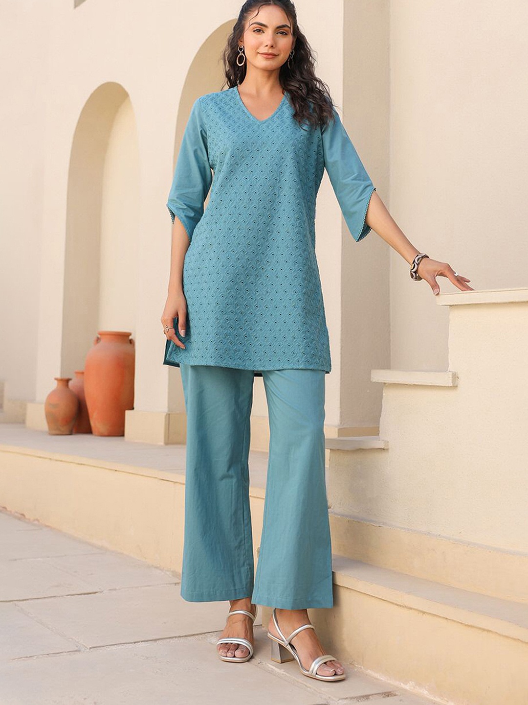 

JISORA Printed Pure Cotton Top & Trouser Co-ord Set, Green