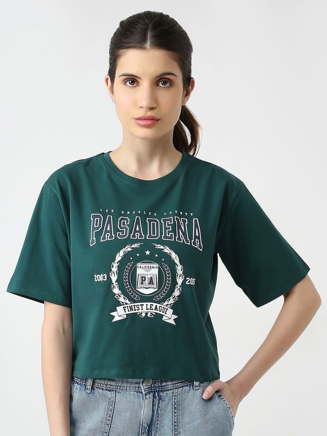 

Kraus Jeans Women Varsity Printed Raw Edge Slim Fit T-shirt, Green