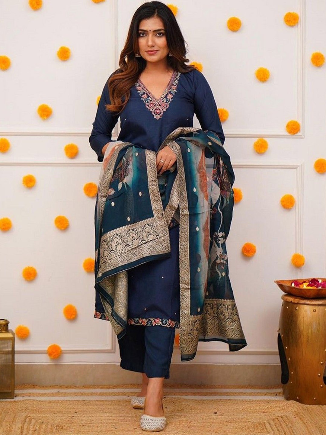 

ZEEPKART Floral Embroidered V Neck Sequinned Kurta With Trouser And Dupatta, Blue