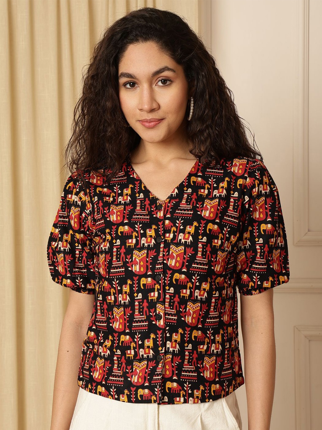 

AKIMIA Tribal Print Puff Sleeve Cotton Shirt Style Crop Top, Black