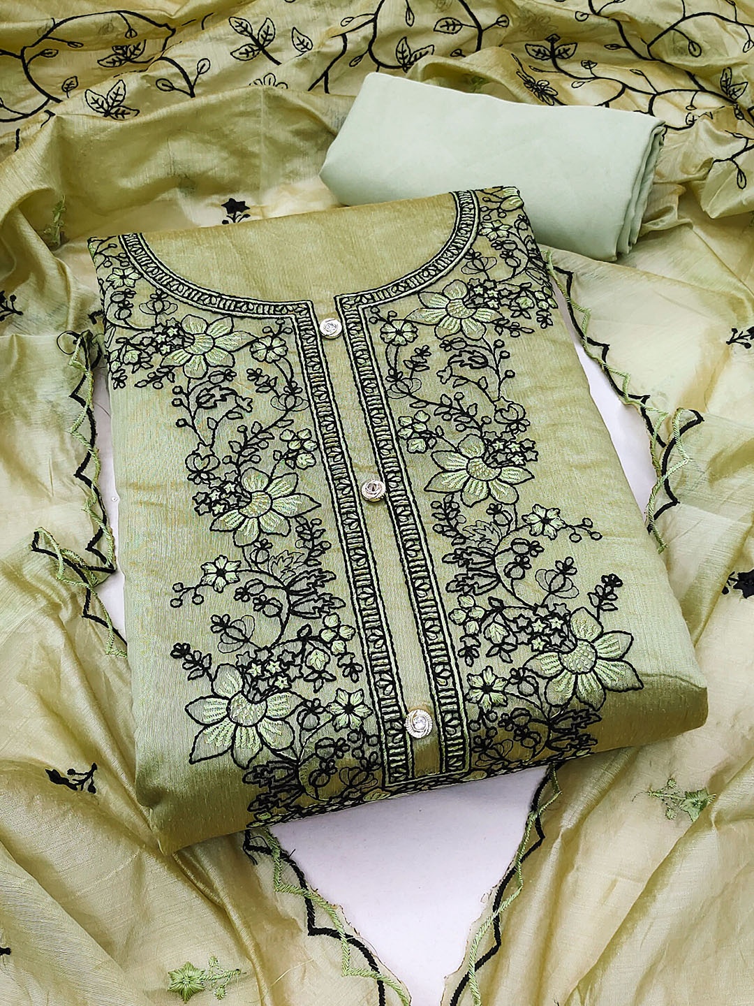 

SAINOOR Floral Embroidered Chanderi Cotton Unstitched Dress Material, Green