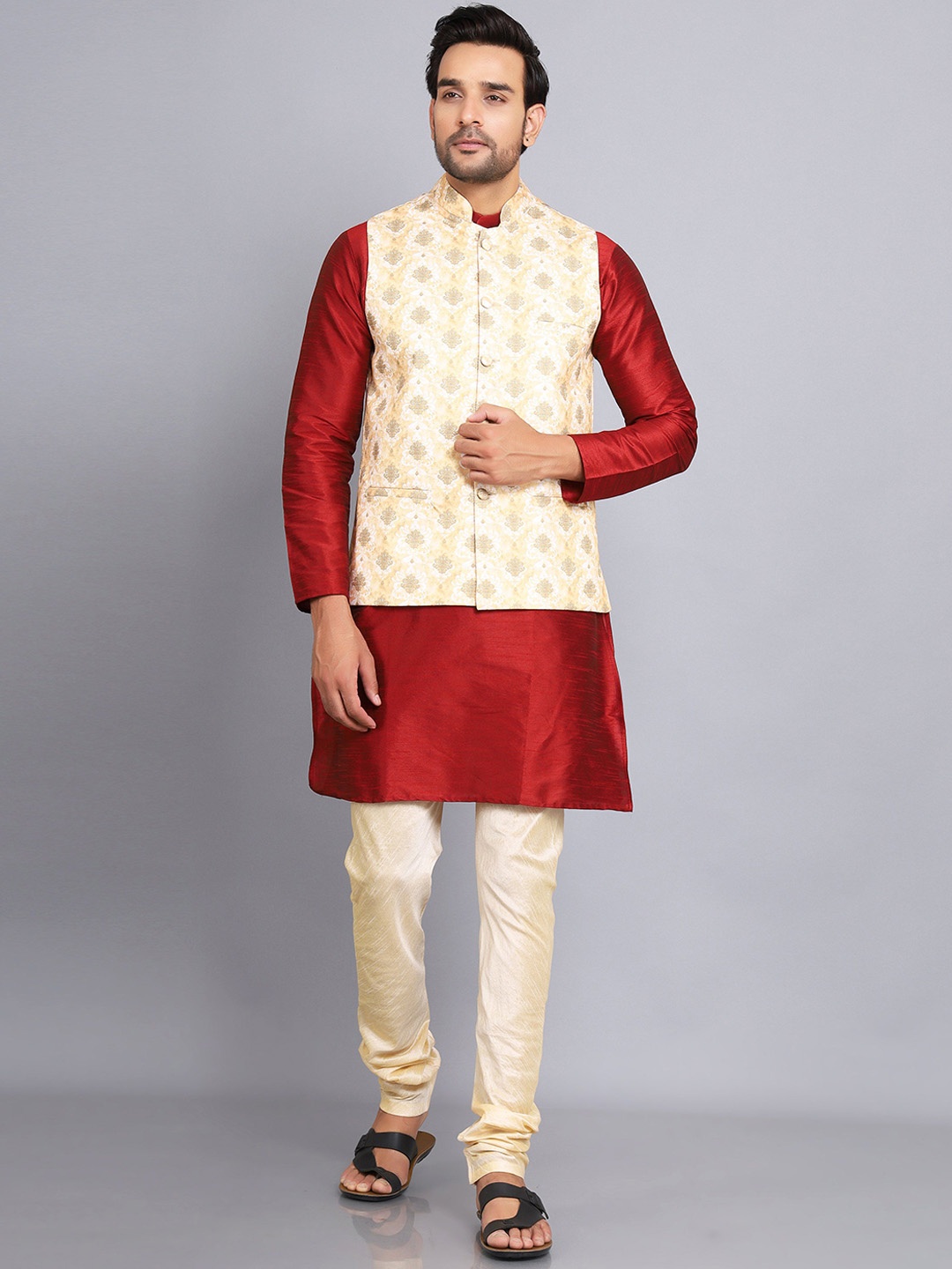 

Sadree Mandarin Collar Dupion Silk Kurta And Churidar With Nehru Jacket Set, Maroon