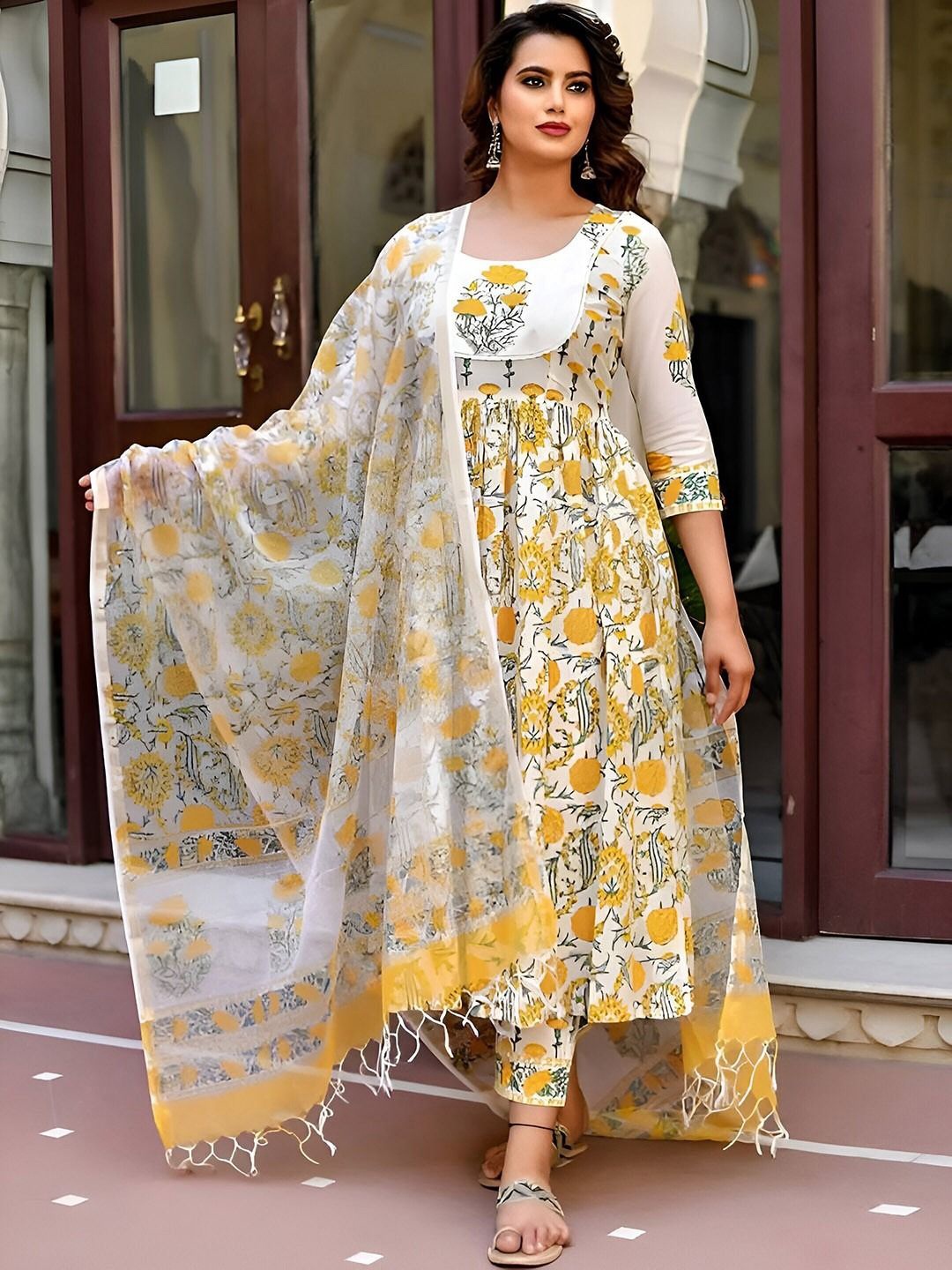 

Moda Rapido Floral Printed Anarkali Kurta With Trousers And Dupatta, Yellow