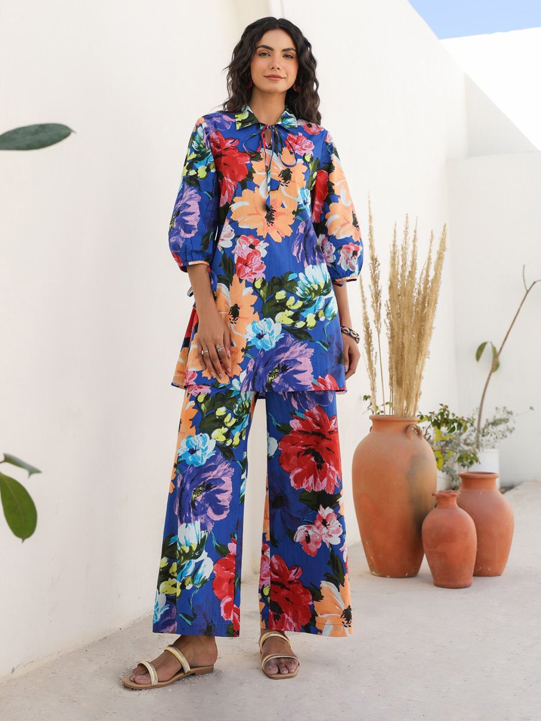 

JISORA Floral Printed Pure Cotton Top & Trouser Co-ord Set, Blue