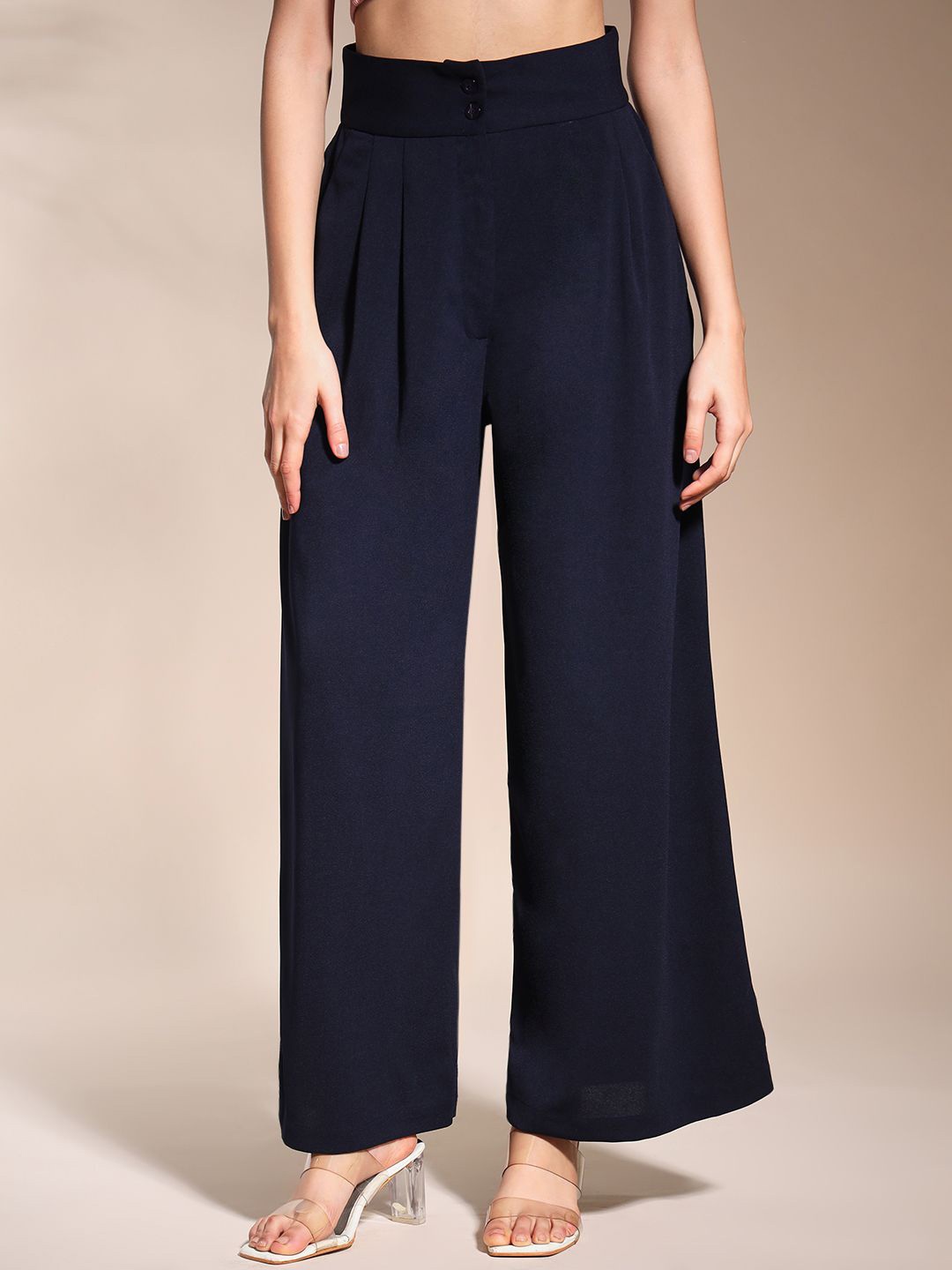 

Zastraa Women Relaxed Flared High-Rise Pleated Korean Pants, Navy blue