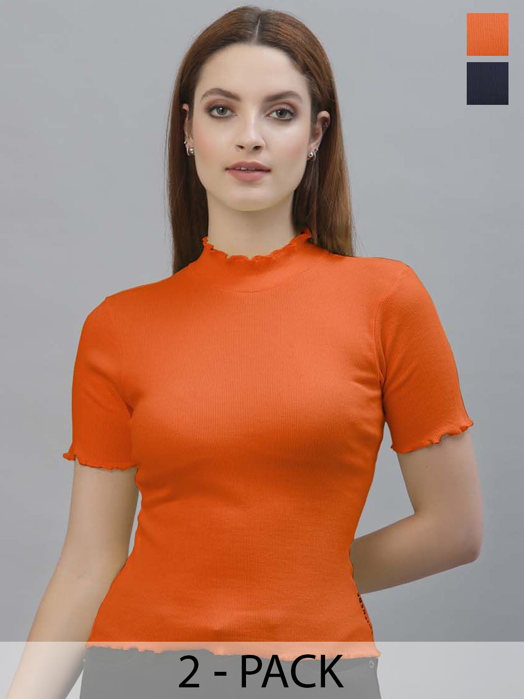 

Friskers Pack Of 2 Cotton Ribbed High Neck Fitted Crop Top, Orange