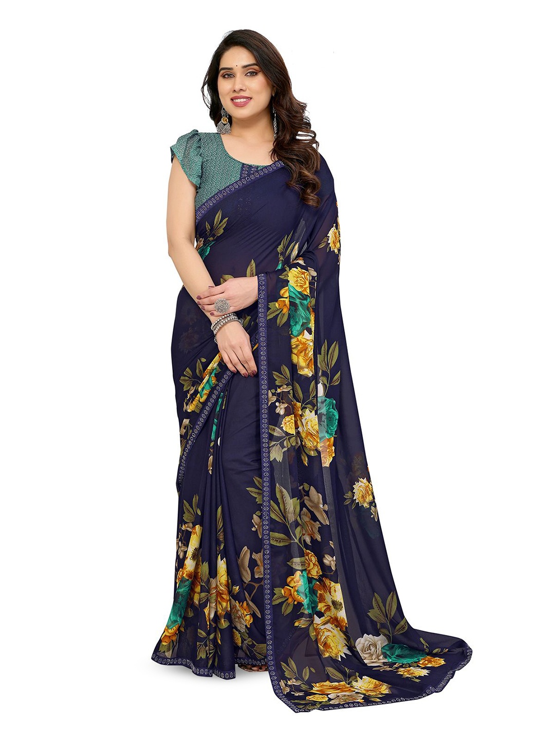 

Moda Rapido Women Floral Printed Saree With Blouse Piece, Blue