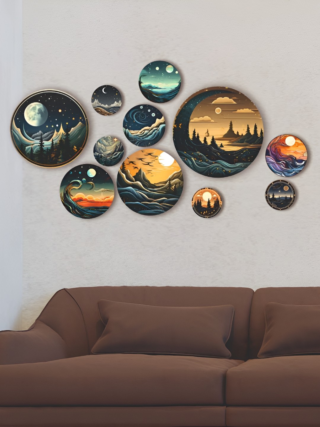 

CVANU Blue & Gold-Toned 11 Pieces Printed Wooden Round Shape Wall Plates