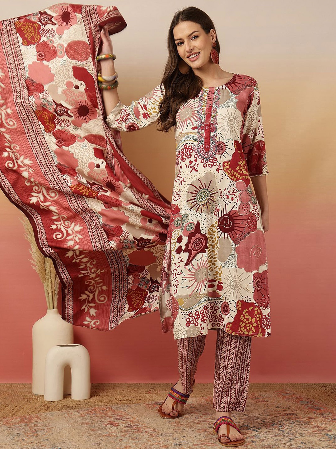 

Sangria Digital Printed Kurta With Trouser & Dupatta, Red