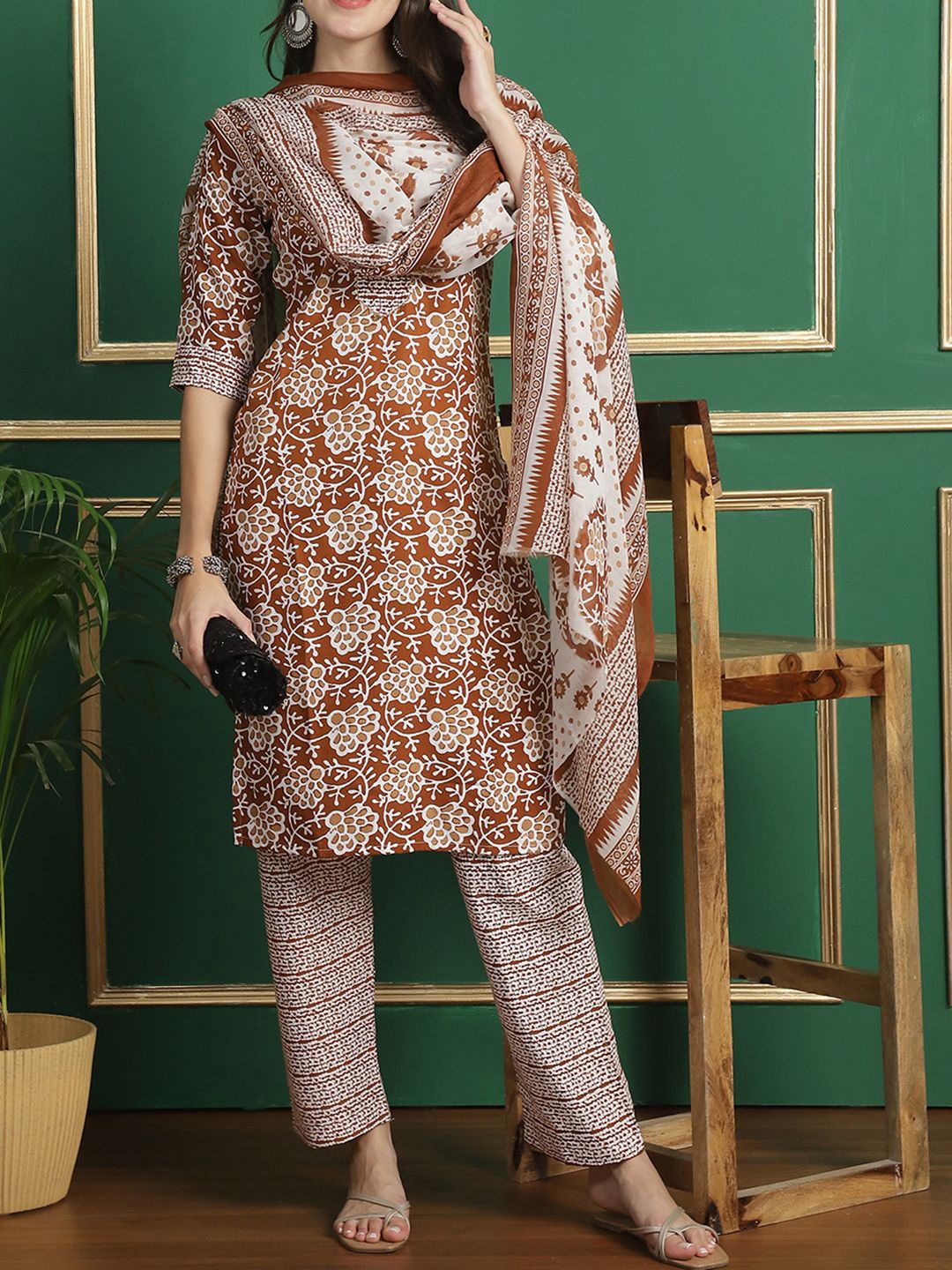 

Moda Rapido Floral Printed Straight Pure Cotton Kurta With Trousers And Dupatta, Brown