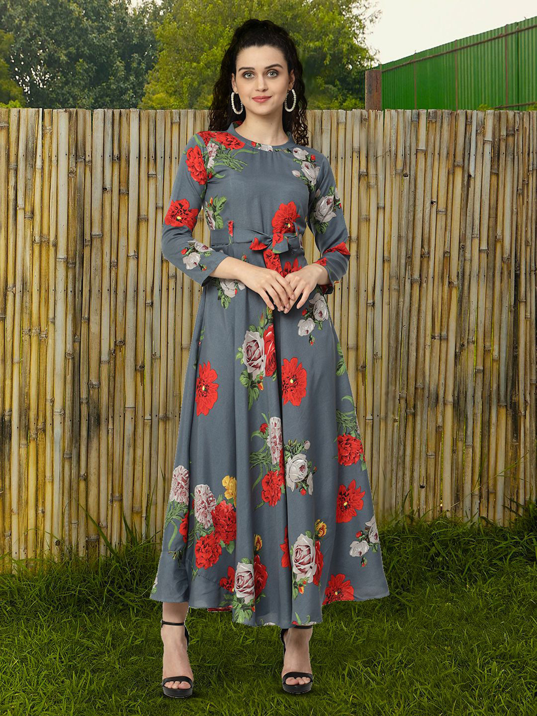 

Moda Rapido Floral Print Applique Fit & Flare Dress, Grey