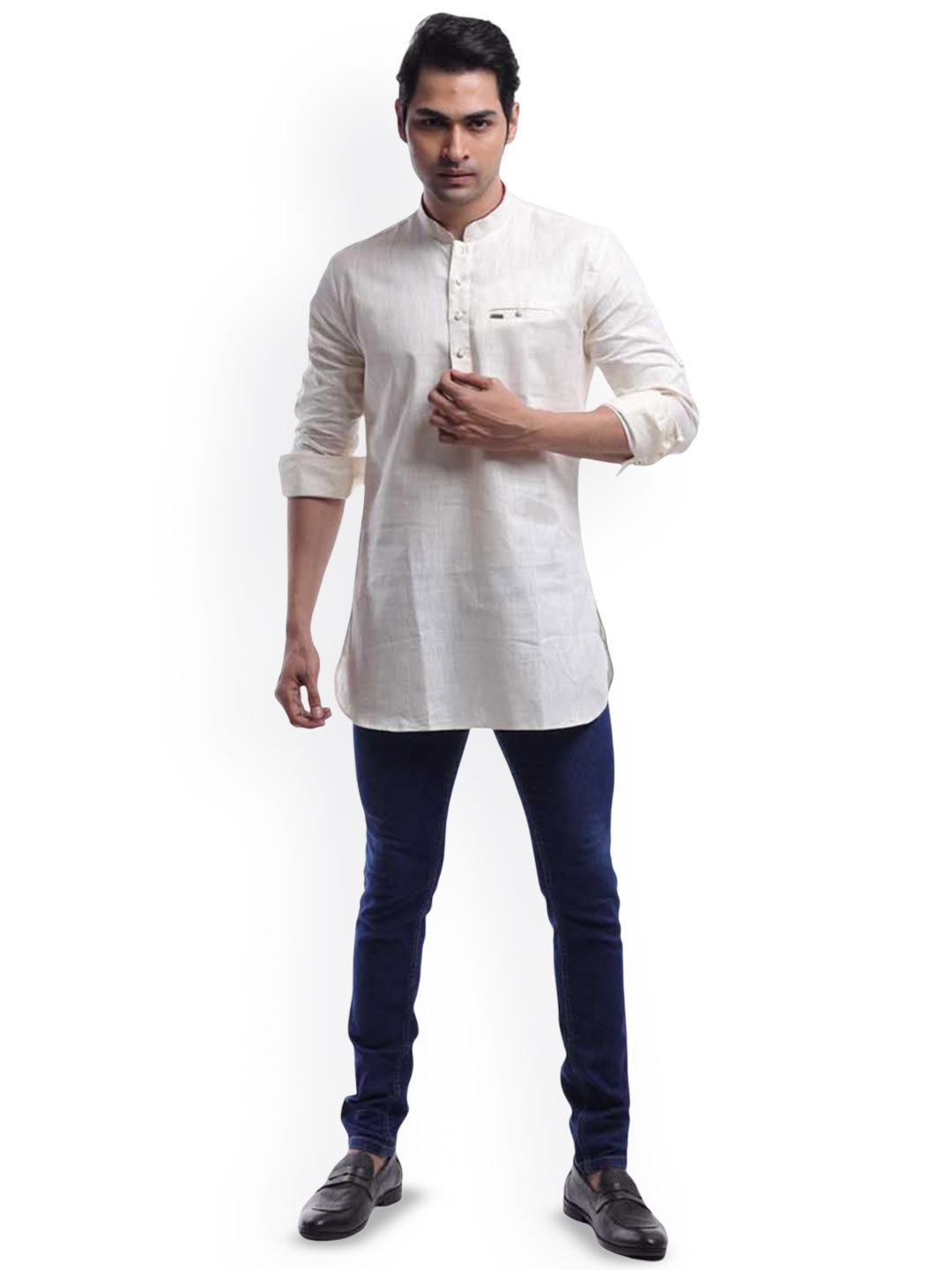 

HAMSAFAR Pure Cotton Mandarin Collar Straight Kurta, White