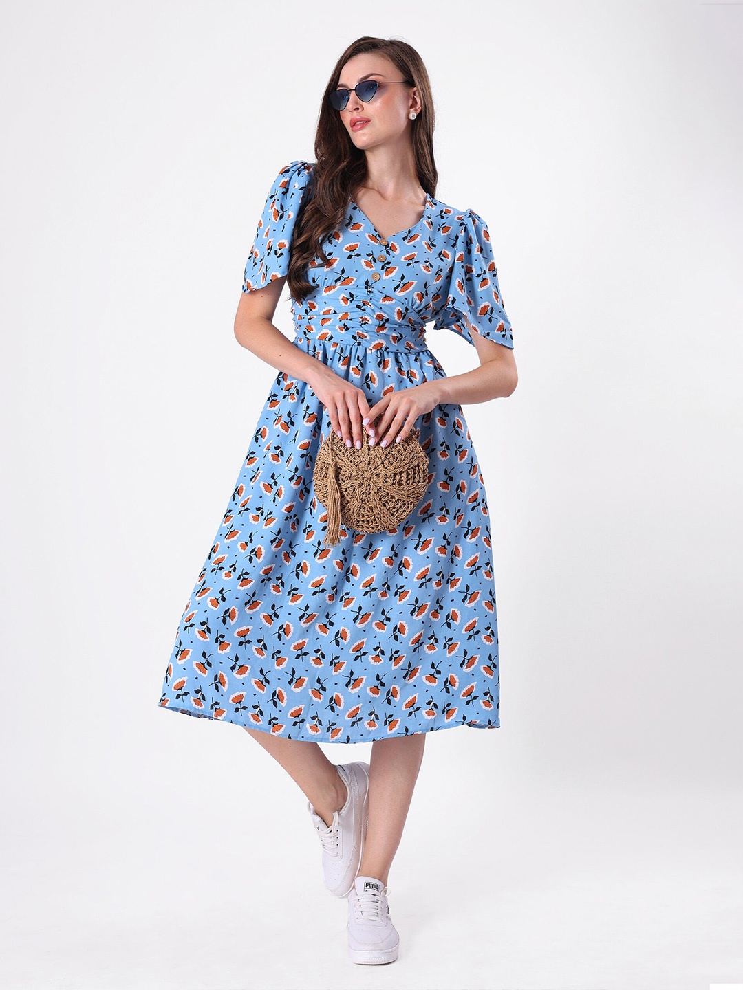 

clobug Floral Print Crepe A-Line Midi Dress, Blue